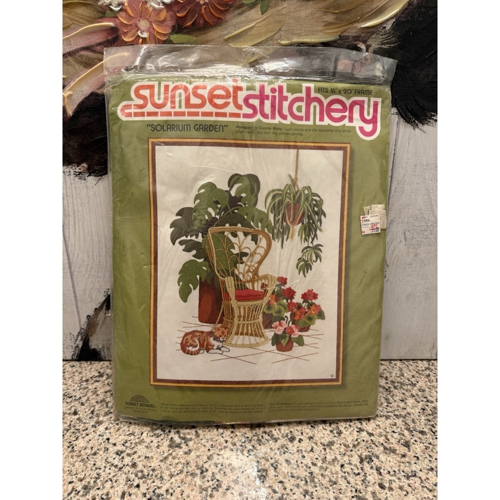 Vintage Sunset Stitchery Solarium Garden Plants Cat Chair Crewel Kit NEW